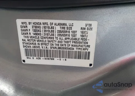 2008 Honda Odyssey Ex-L из США, поврежденный, VIN 5FNRL38628B054034